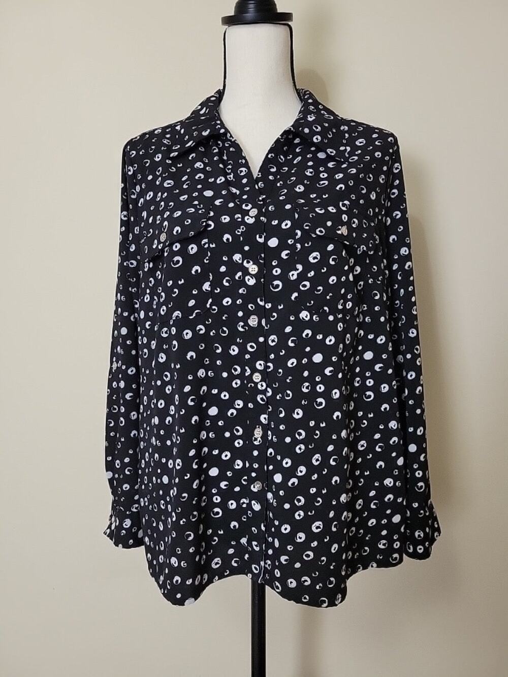 Kim Rogers Petite XL Button Up Blouse Collar Long Roll Tab Sleeve Breast Pockets